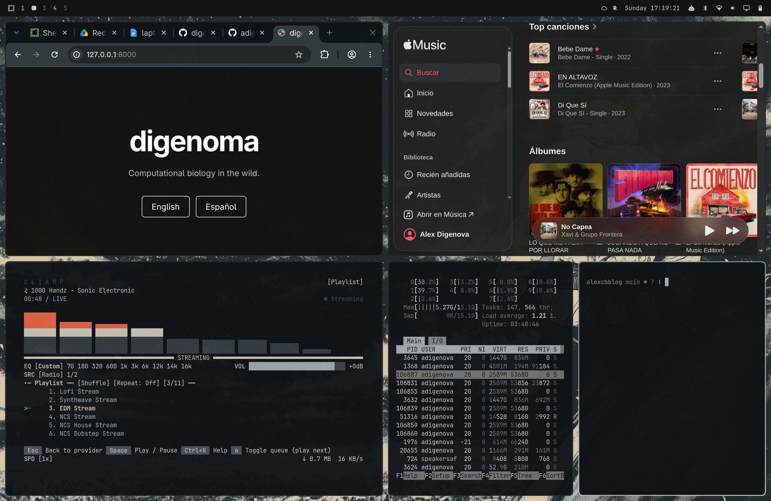 Escritorio Omarchy en un MacBook con el sitio digenoma, Apple Music y varias terminales organizadas en mosaico